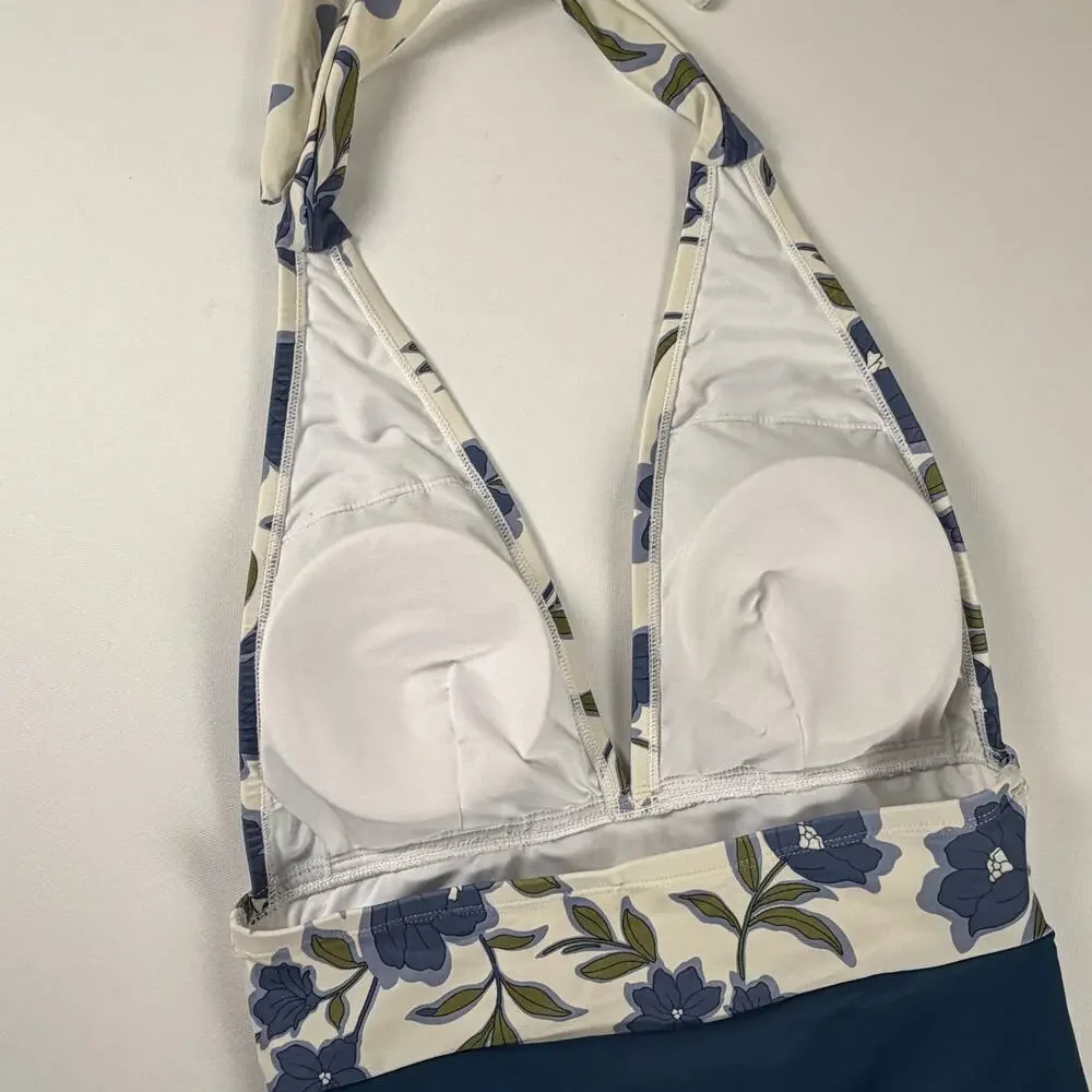 CUPSHE Floral Halter One-Piece Swimsuit Navy Blue Cream NEW Size M D/DD Bust